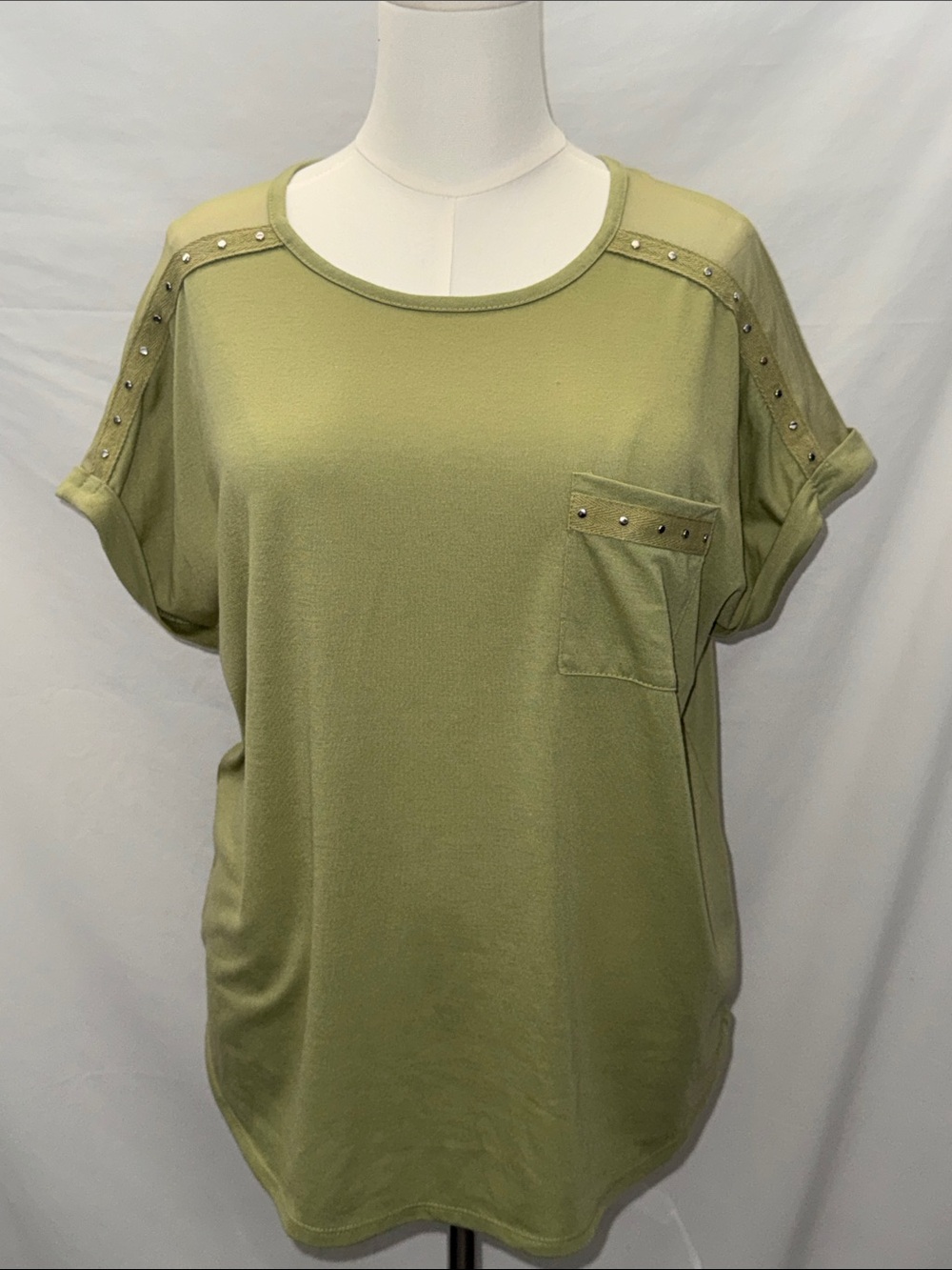 Olive Green Stud-Accent Women's Short Sleeve Pocket Tee